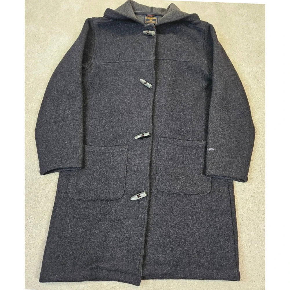 Woolrich Women Charcoal Hooded Duffle Coat Toggle Closure Heritage Americana S